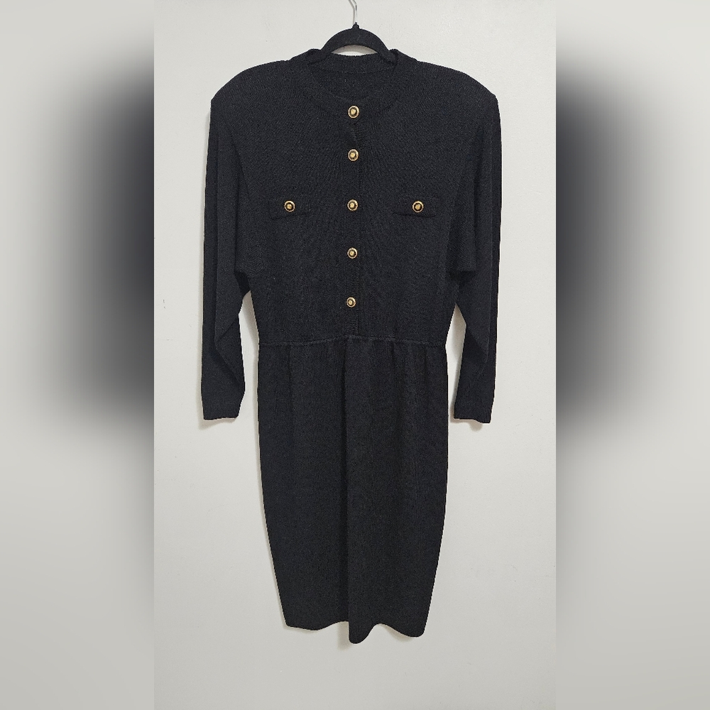 Vintage St. John Santana Knit Black Midi Dress Sz L Gold Logo Buttons Pull-On